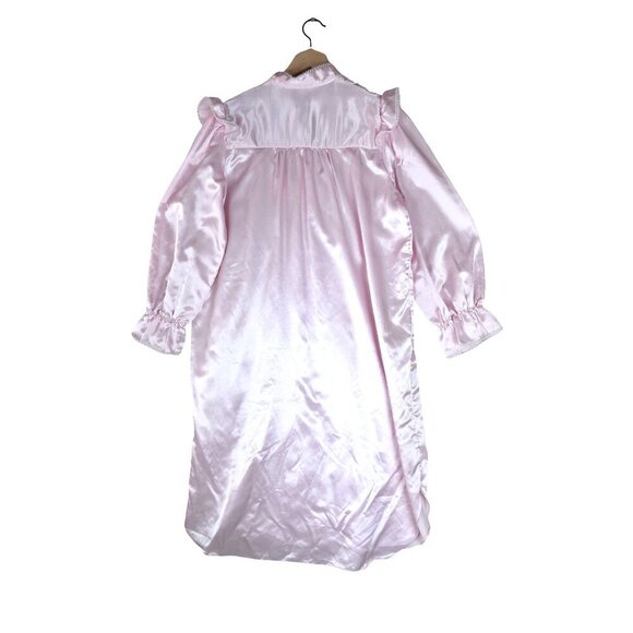 Vintage Jaclyn Smith Pink Satin Nightgown Sz M Long Sleeve Ruffle Lace Milkmaid - Picture 4 of 10